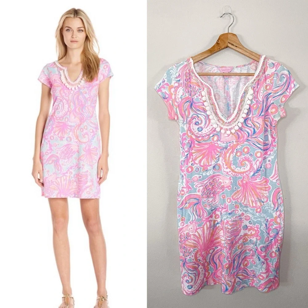 Lilly Pulitzer Harper Shift Dress Too Much Bubbly Pink Pout Cotton/Linen‎